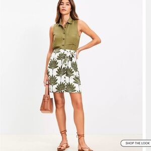 LOFT Olive and White Leaf Print Mini Skirt